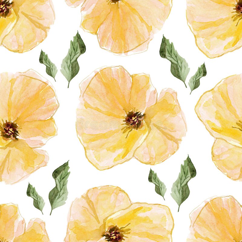 Yellow poppies watercolor seamless pattern. Template for decorating designs and illustrations. Yellow poppies watercolor seamless pattern. Template for decorating designs and illustrations