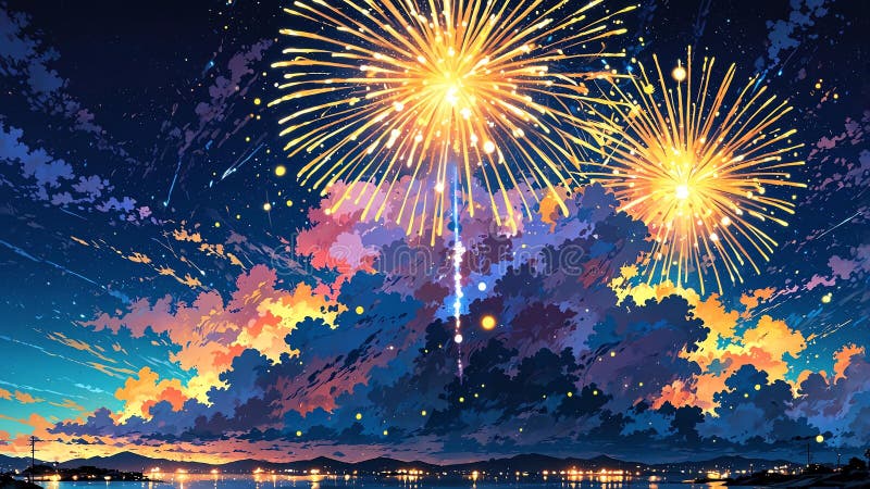 żółty wyświetlacz fajerwerków w stylu anime na ciemnym niebie generowanym przez ai ilustracja wektor