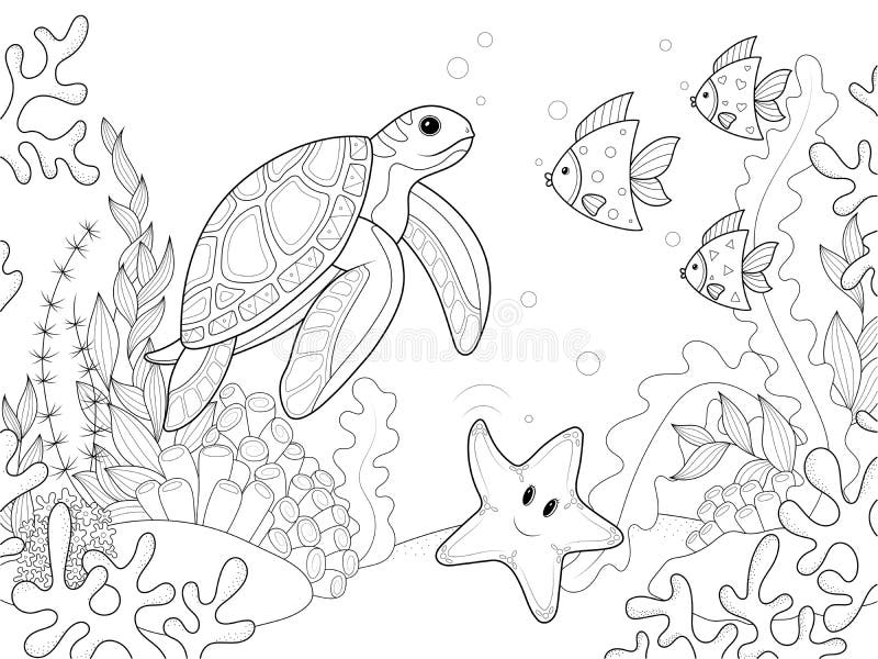żółw morski pływa między algami i innymi rybami. kolorowanie książki raster podrzędny ilustracja.