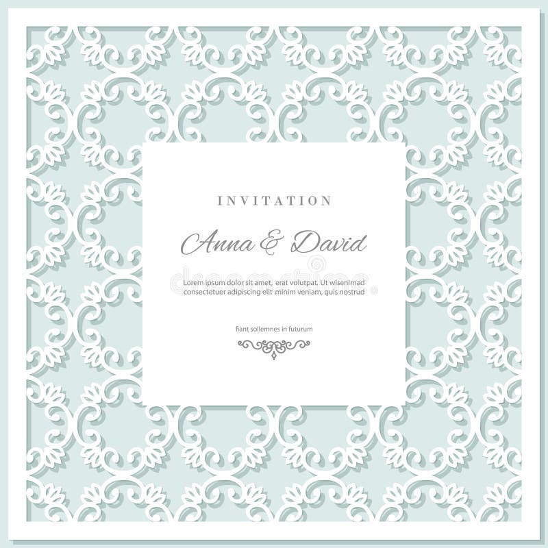 șablon card de invitație la nuntă cu cadru de tăiere cu laser. culori pastilă albastru și alb. royalty free illustration