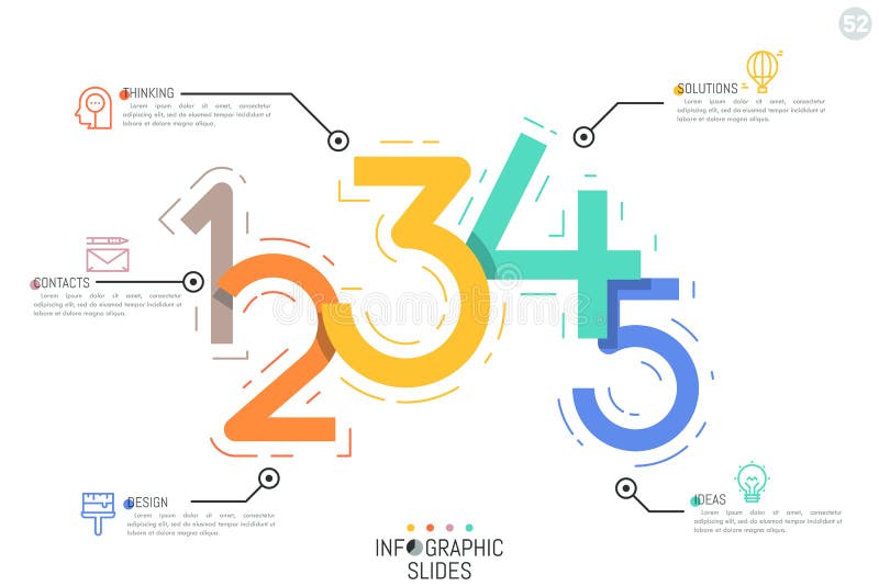 șablon de design creativ infografic cinci figuri colorate conectate cu pictograme și casete text royalty free illustration