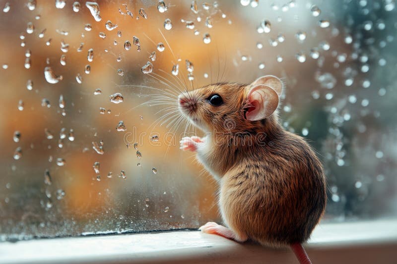 șoarecele mic și maro care se uită la picăturile de ploaie pe vitrina din toamnă, conceptul confortabil al căderii animalelor și a stock photo
