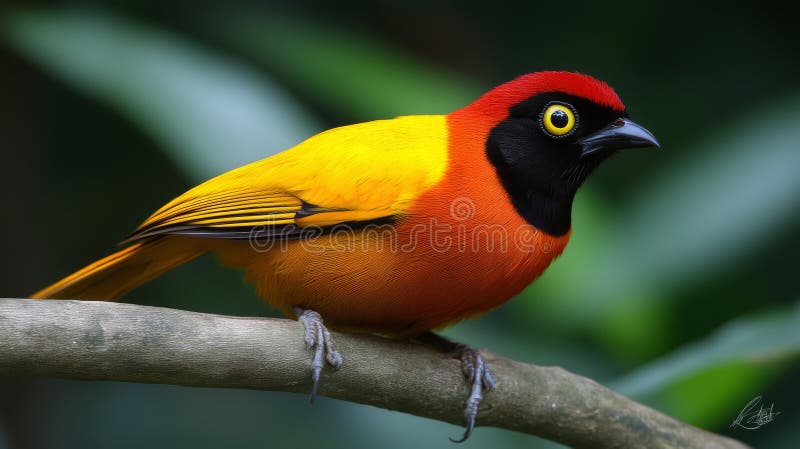 țesător cu cap negru aprins pe ramură, prezentând penajul său colorat în natură vector illustration