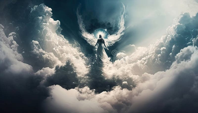 Angel in the sky from the clouds. Generative AI, AI generated. Angel in the sky from the clouds. Generative AI, AI generated