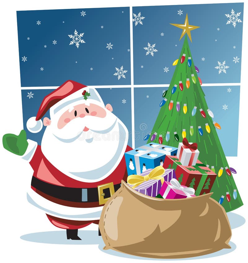 Santa Claus and sackful of gifts in front of decorated Christmas tree. Santa Claus and sackful of gifts in front of decorated Christmas tree