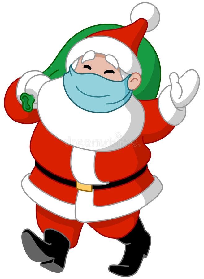 Walking Santa Claus with medical mask over his mouth carrying gift sack and waving hello. Walking Santa Claus with medical mask over his mouth carrying gift sack and waving hello