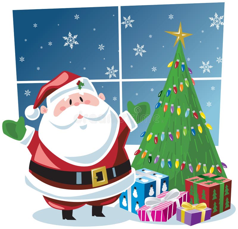 Santa Claus standing with gifts under Christmas tree in front of window with a winter scene. Santa Claus standing with gifts under Christmas tree in front of window with a winter scene