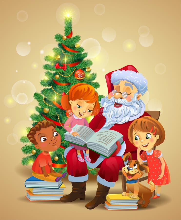 Santa Claus with kids reading the book beside a Christmas tree, a vector illustration in traditional style. Santa Claus with kids reading the book beside a Christmas tree, a vector illustration in traditional style