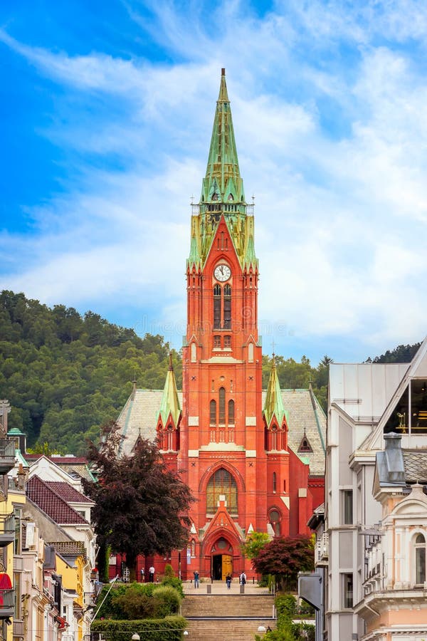 St John&#x27;s red brick Church, Bergen, Norway against blue sky. St John&#x27;s red brick Church, Bergen, Norway against blue sky