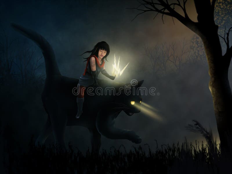 Surreal painting of a tattooed girl riding a black cat through a dark and moody forest. Surreal painting of a tattooed girl riding a black cat through a dark and moody forest