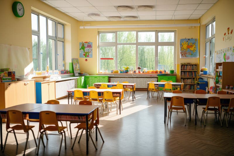 άδεια νηπιαγωγείο με πολύχρωμες καρέκλες και παιχνίδια πίσω στο σχολείο. απεικόνιση αποθεμάτων