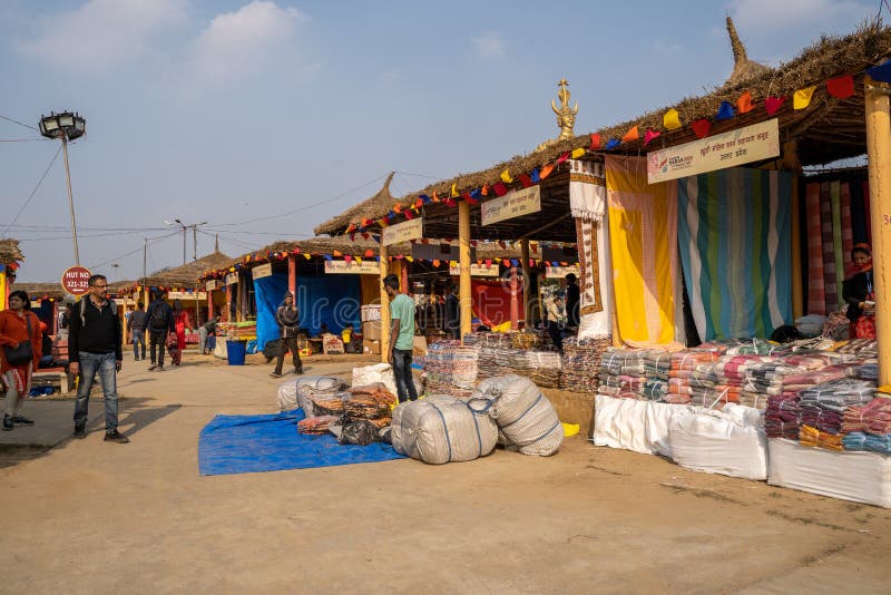 Faridabad, India - Febuary 1, 2020: Empty booths at the Surajkund Crafts Mela as vendors and artisans prepare for the crowds of shoppers. Faridabad, India - Febuary 1, 2020: Empty booths at the Surajkund Crafts Mela as vendors and artisans prepare for the crowds of shoppers