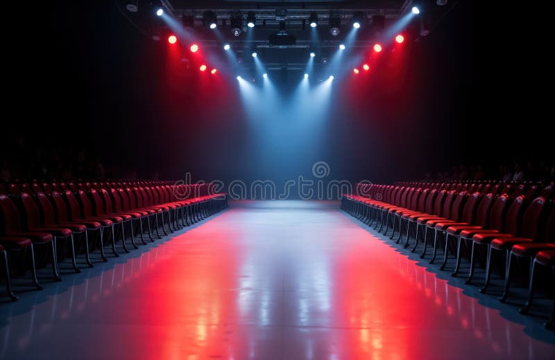 άδειος διάδρομος στην επίδειξη μόδας. κόκκινο μπλε φως φωτίζει το στάδιο. σειρές κόκκινων καρέκλων που περιμένουν το κοινό. κομψό ελεύθερη απεικόνιση δικαιώματος