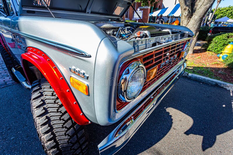Fernandina Beach, FL - October 18, 2014: Wide angle low perspective front corner  view of a 1971 Ford Bronco Sport at a classic car show in Fernandina Beach, Florida. Fernandina Beach, FL - October 18, 2014: Wide angle low perspective front corner  view of a 1971 Ford Bronco Sport at a classic car show in Fernandina Beach, Florida