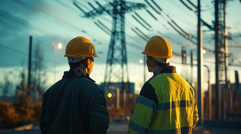 Άνδρες μηχανικοί επιθεωρούν μονάδα ισχύος με κίτρινα κράνη και πράσινα μπουφάν στοκ φωτογραφίες με δικαίωμα ελεύθερης χρήσης