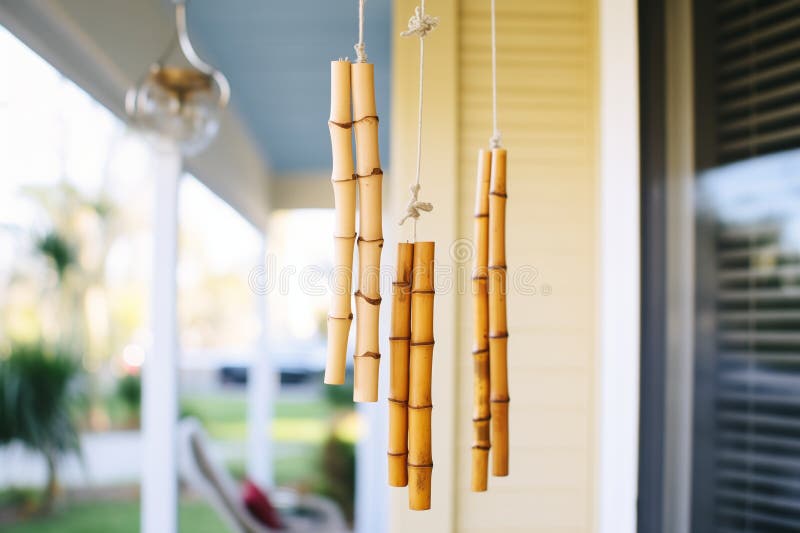 bamboo wind chimes hanging from a porch, created with generative ai AI generated. bamboo wind chimes hanging from a porch, created with generative ai AI generated