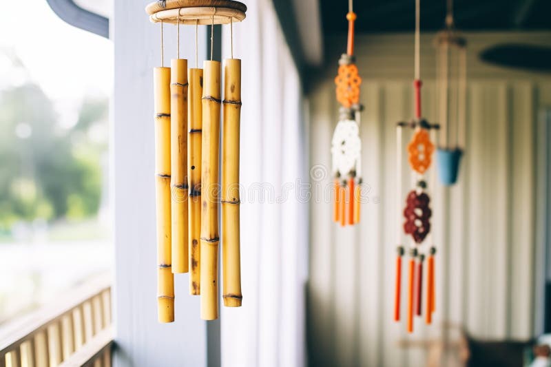 bamboo wind chimes hanging from a porch, created with generative ai AI generated. bamboo wind chimes hanging from a porch, created with generative ai AI generated