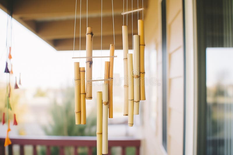 bamboo wind chimes hanging from a porch, created with generative ai AI generated. bamboo wind chimes hanging from a porch, created with generative ai AI generated