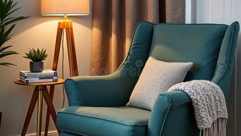 Άνετη γωνία σαλονιού με κουρτίνα και ξύλινη λάμπα στοκ φωτογραφία με δικαίωμα ελεύθερης χρήσης