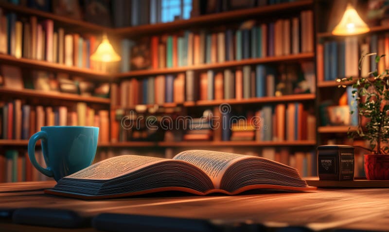 Άνετο διάβασμα χωρίς ανοιχτό φλιτζάνι καφέ βιβλίου και ζεστή ατμόσφαιρα βιβλιοθήκης στοκ φωτογραφία με δικαίωμα ελεύθερης χρήσης