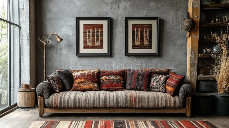 Άνετο Σαλόνι Boho Με Ροστιτικό Καναπέ Και Μαξιλάρια διανυσματική απεικόνιση