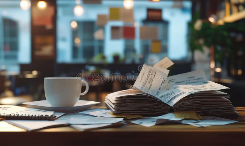 Άνετος χώρος εργασίας με ανοιχτή κούπα καφέ βιβλίου και διασκορπισμένες σημειώσεις σε καφετέρια στοκ φωτογραφίες