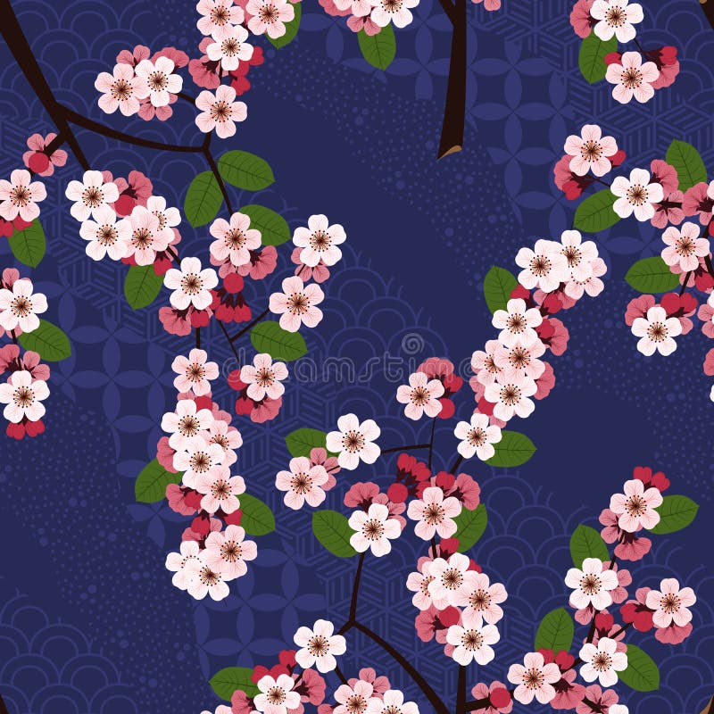 Άνευ ραφής floral σχέδιο με τα λουλούδια sakura κερασιών στο μπλε ιαπωνικό υπόβαθρο ελεύθερη απεικόνιση δικαιώματος Άνευ ραφής floral σχέδιο με τα λουλούδια sakura κερασιών στο μπλε ιαπωνικό υπόβαθρο ελεύθερη απεικόνιση δικαιώματος