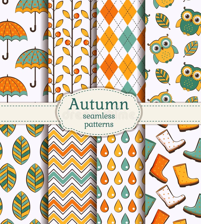 Set of autumn backgrounds. Collection of cute seamless patterns. Vector illustration. Set of autumn backgrounds. Collection of cute seamless patterns. Vector illustration.