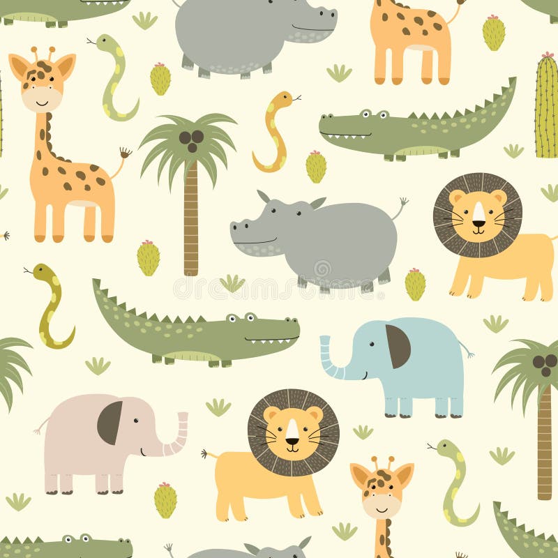 Safari animals seamless pattern with cute hippo, crocodile, lion, elephant and giraffe. Vector texture in childish style great for fabric and textile, wallpapers, backgrounds, cards design. Safari animals seamless pattern with cute hippo, crocodile, lion, elephant and giraffe. Vector texture in childish style great for fabric and textile, wallpapers, backgrounds, cards design