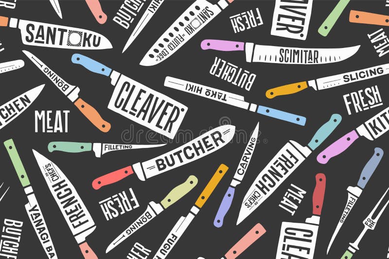 Seamless pattern and background of Meat and Fish cutting knives. Creative graphic pattern with hand drawn illustrations for butcher shop, farmer market. Vintage typographic. Vector illustration. Seamless pattern and background of Meat and Fish cutting knives. Creative graphic pattern with hand drawn illustrations for butcher shop, farmer market. Vintage typographic. Vector illustration