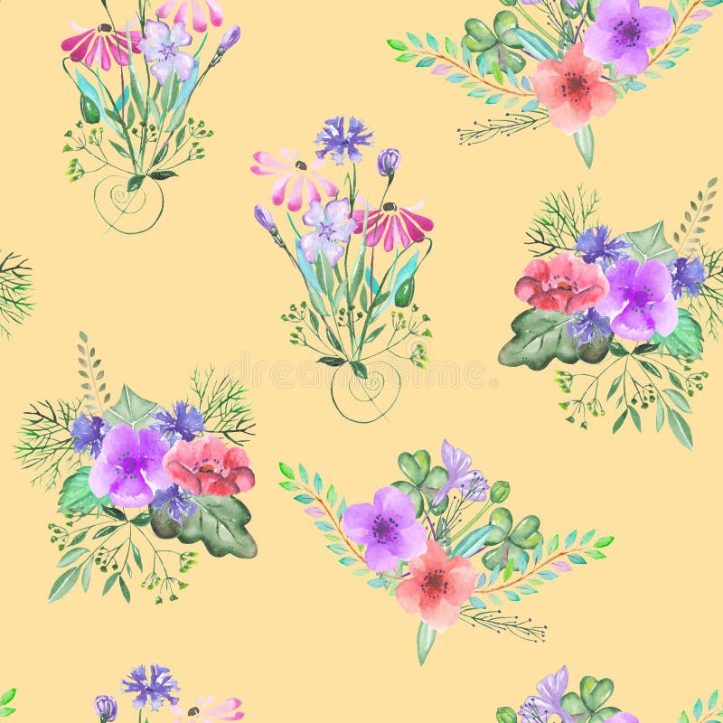 Άνευ ραφής σχέδιο με τις απλές floral ανθοδέσμες watercolor σε ένα κίτρινο υπόβαθρο απεικόνιση αποθεμάτων Άνευ ραφής σχέδιο με τις απλές floral ανθοδέσμες watercolor σε ένα κίτρινο υπόβαθρο απεικόνιση αποθεμάτων
