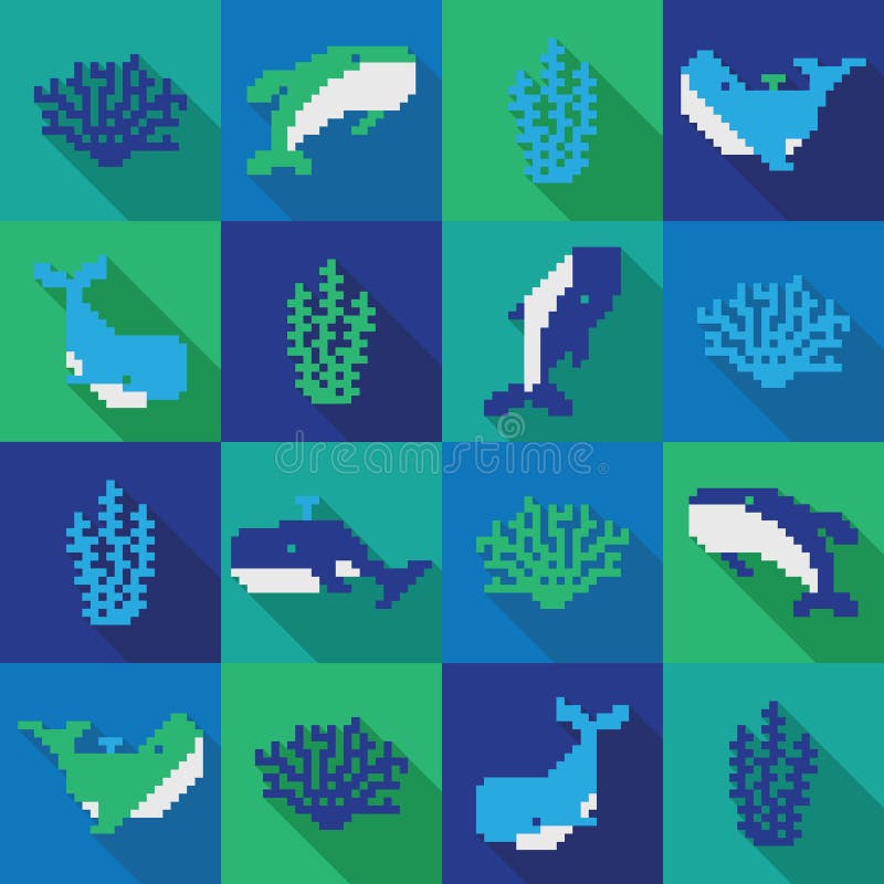 Seamless colorfol pixel whale pattern in flat design style. Seamless colorfol pixel whale pattern in flat design style