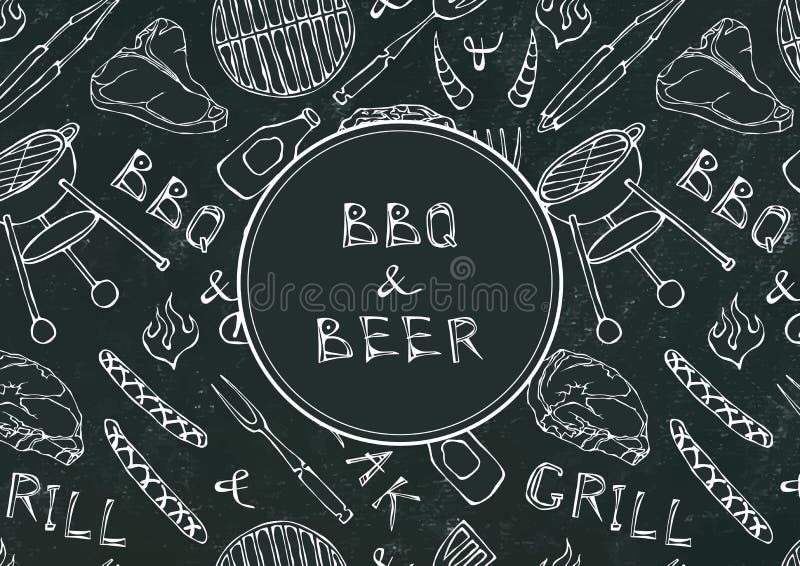 Άνευ ραφής σχέδιο θερινό BBQ του κόμματος σχαρών Μπύρα, μπριζόλα, λουκάνικο, πλέγμα σχαρών, λαβίδες, δίκρανο, πυρκαγιά, κέτσαπ Μα διανυσματική απεικόνιση Άνευ ραφής σχέδιο θερινό BBQ του κόμματος σχαρών Μπύρα, μπριζόλα, λουκάνικο, πλέγμα σχαρών, λαβίδες, δίκρανο, πυρκαγιά, κέτσαπ Μα διανυσματική απεικόνιση