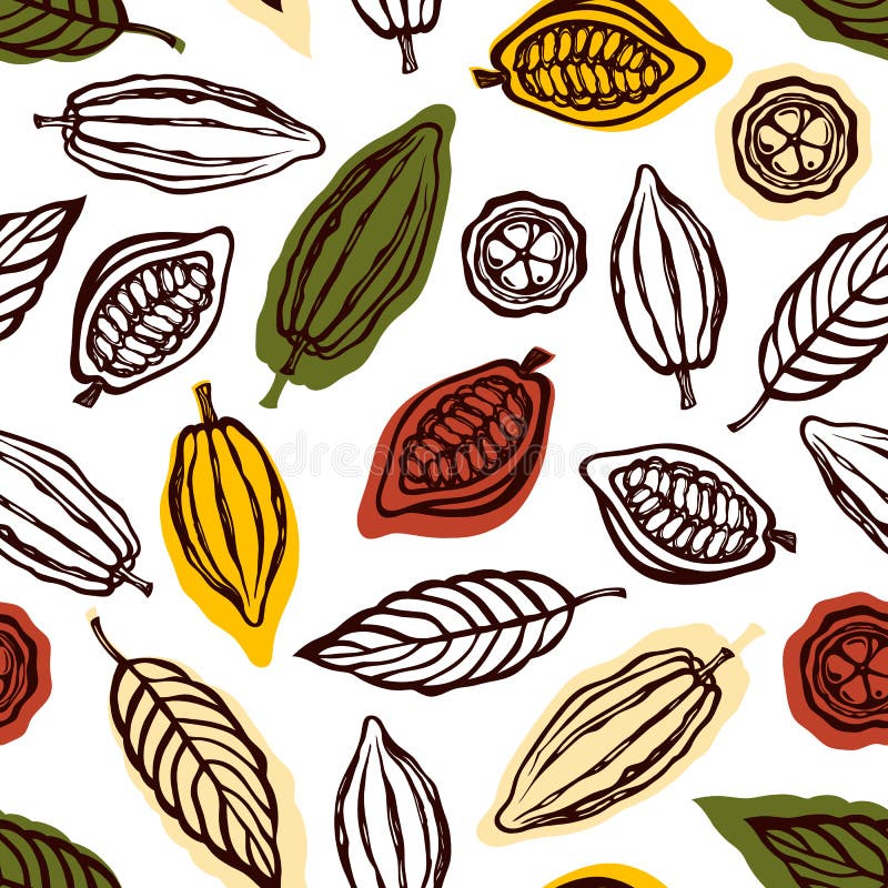 Seamless pattern with fruits and cocoa leaves. Background for packaging chocolate drink and chocolate. Hand drawn. Vector illustration. Seamless pattern with fruits and cocoa leaves. Background for packaging chocolate drink and chocolate. Hand drawn. Vector illustration.