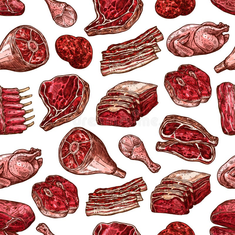 Meat food seamless vector pattern of beef and pork steak, ham and chicken, burger patty, turkey leg and rib roast, loin chops and rustic belly. Butcher meat cuts backdrop. Meat food seamless vector pattern of beef and pork steak, ham and chicken, burger patty, turkey leg and rib roast, loin chops and rustic belly. Butcher meat cuts backdrop