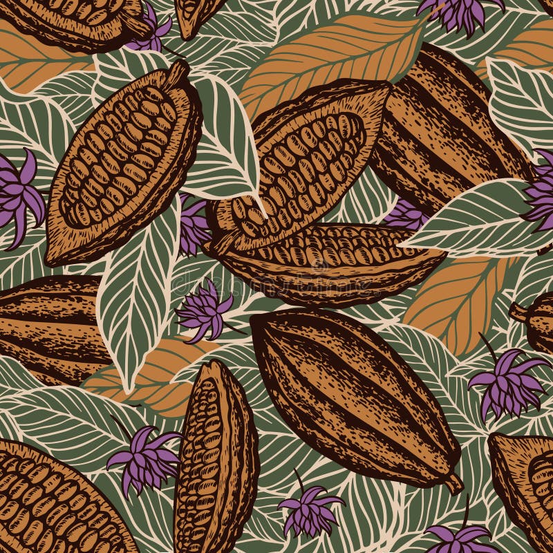 Cacao beans seamless pattern. Cacao beans plant, Vector exotic cacao plants. Cocoa tree design template. Cacao beans seamless pattern. Cacao beans plant, Vector exotic cacao plants. Cocoa tree design template.