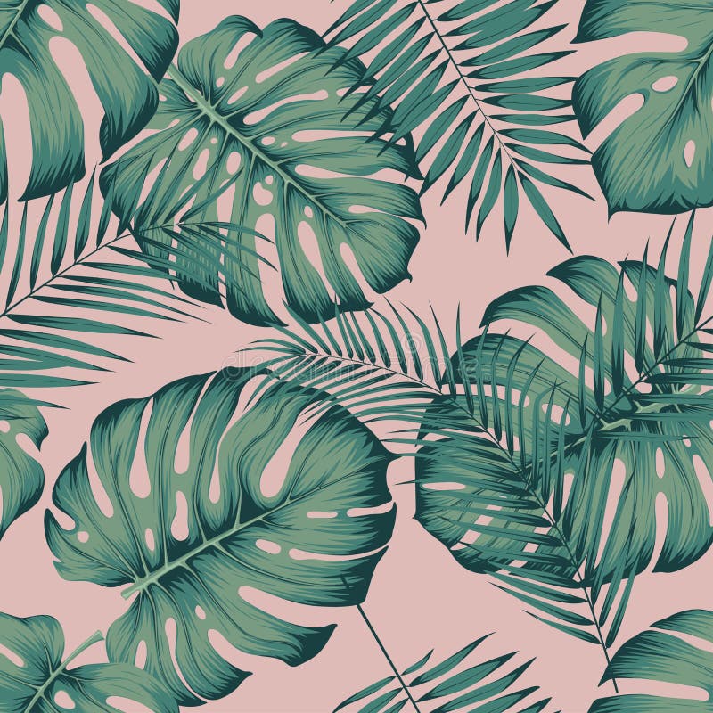 Άνευ ραφής τροπικό σχέδιο με το monstera φύλλων και areca φύλλο φοινικών σε ένα ρόδινο υπόβαθρο διανυσματική απεικόνιση