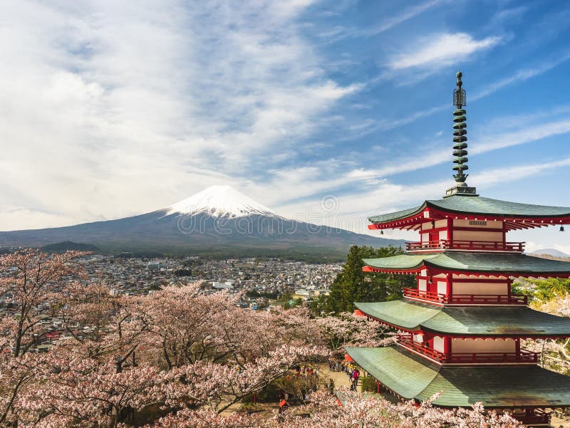 Άνθος κερασιών Sakura βουνών της Ιαπωνίας Φούτζι με το κόκκινο τοπίο Τόκιο παγοδών στοκ φωτογραφία