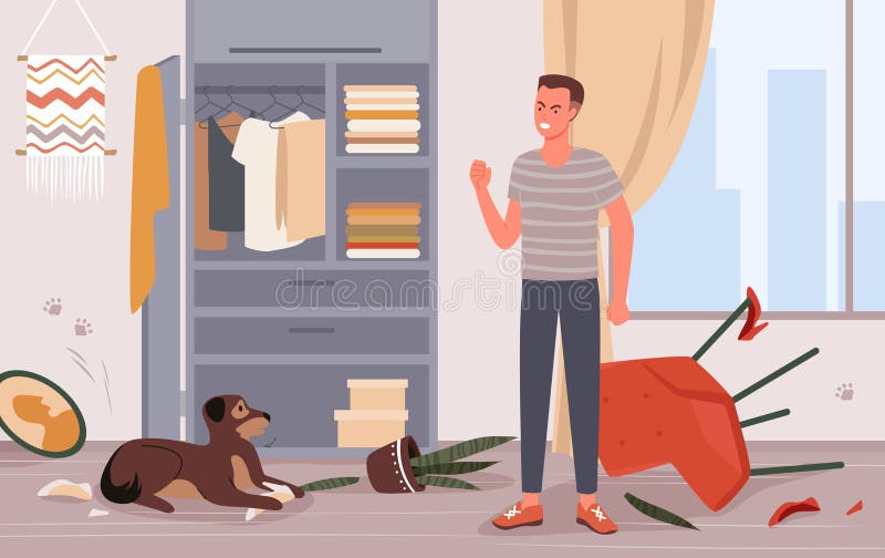 People scold dog pet behavior problem vector illustration. Cartoon young angry man character scolding doggy for messy chaos in bedroom, naughty domestic puppy animal lying on bed in mess background. People scold dog pet behavior problem vector illustration. Cartoon young angry man character scolding doggy for messy chaos in bedroom, naughty domestic puppy animal lying on bed in mess background