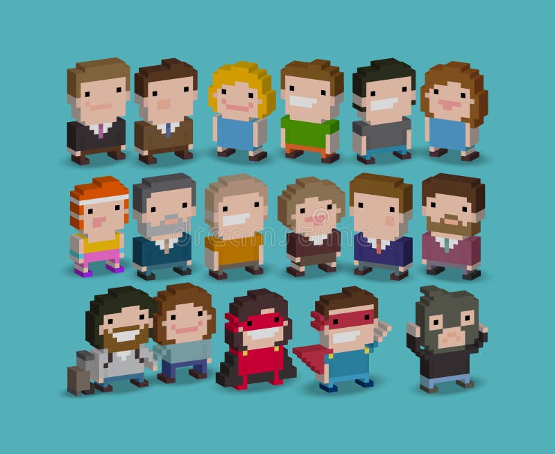 Different 3d pixel art 8-bit people characters. Different 3d pixel art 8-bit people characters