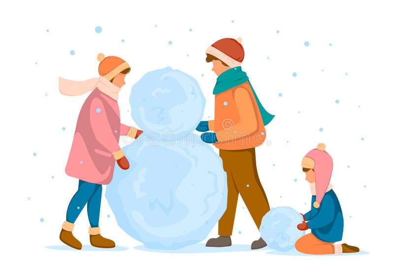 People with children sculpt a snowman, big snowballs. Concept of winter fun. Vector illustration in flat style. People with children sculpt a snowman, big snowballs. Concept of winter fun. Vector illustration in flat style.