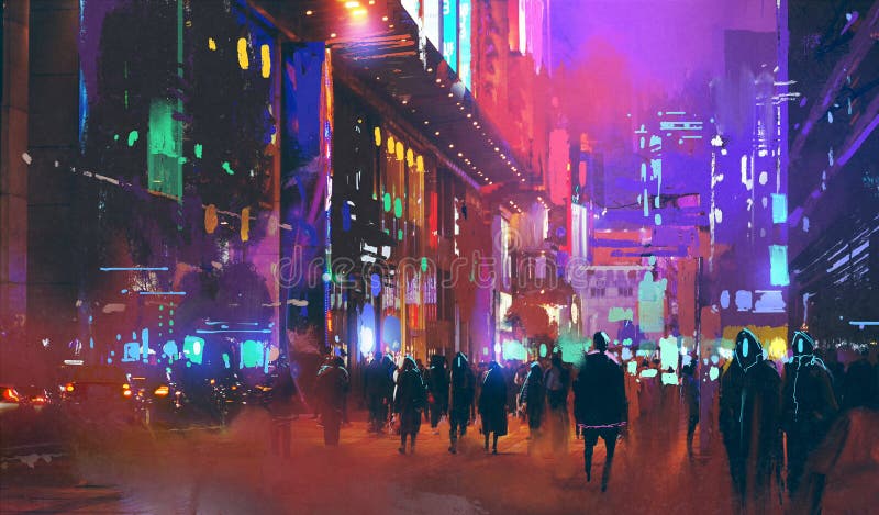 Άνθρωποι που περπατούν στην πόλη sci-Fi τη νύχτα με το ζωηρόχρωμο φως απεικόνιση αποθεμάτων