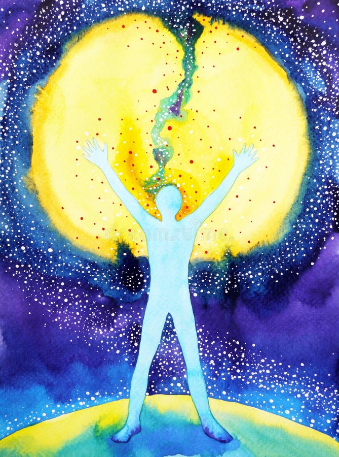 Human and universe power, watercolor painting, 7 of chakra yoga reiki, inspiration abstract thought, world inside your mind. Human and universe power, watercolor painting, 7 of chakra yoga reiki, inspiration abstract thought, world inside your mind