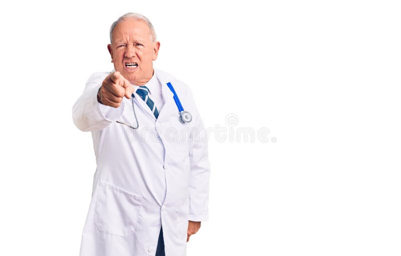 Senior handsome grey-haired man wearing doctor coat and stethoscope pointing displeased and frustrated to the camera, angry and furious with you. Senior handsome grey-haired man wearing doctor coat and stethoscope pointing displeased and frustrated to the camera, angry and furious with you