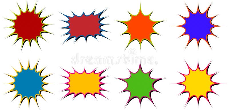 Vector pop art starburst abstract cartoon or comic speech bubbles in different colors with drop shadow. Vector pop art starburst abstract cartoon or comic speech bubbles in different colors with drop shadow
