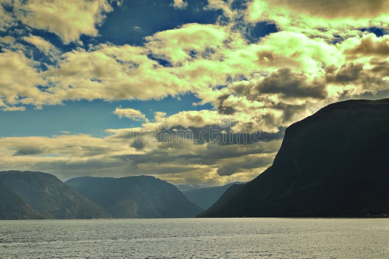 View of Sognefjorden in Norway in a cloudy stormy summer day. View of Sognefjorden in Norway in a cloudy stormy summer day