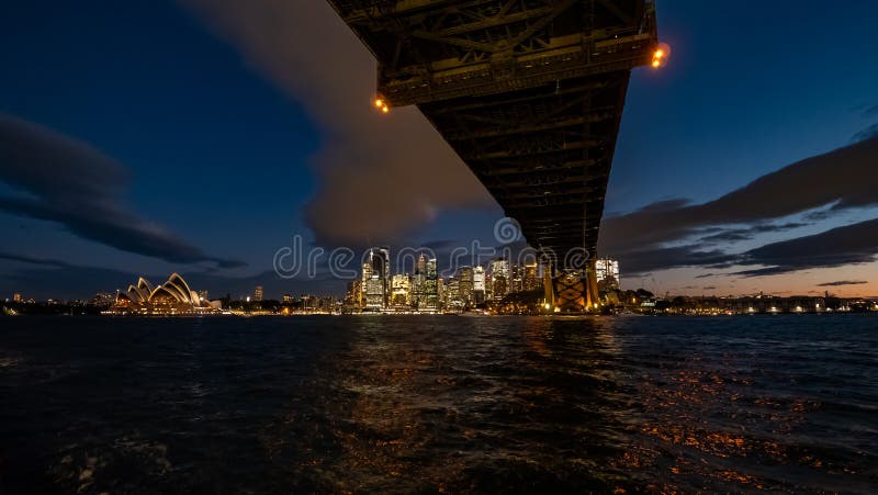 View from under Harbour Bridge towards Sydney at night. View from under Harbour Bridge towards Sydney at night