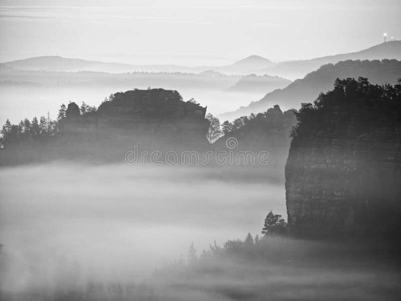 Άποψη στη βαθιά misty κοιλάδα στη Σαξωνία Αιχμές ψαμμίτη και δύσκολοι λόφοι που κολλούν επάνω από την παχιά ομίχλη στοκ εικόνα Άποψη στη βαθιά misty κοιλάδα στη Σαξωνία Αιχμές ψαμμίτη και δύσκολοι λόφοι που κολλούν επάνω από την παχιά ομίχλη στοκ εικόνα