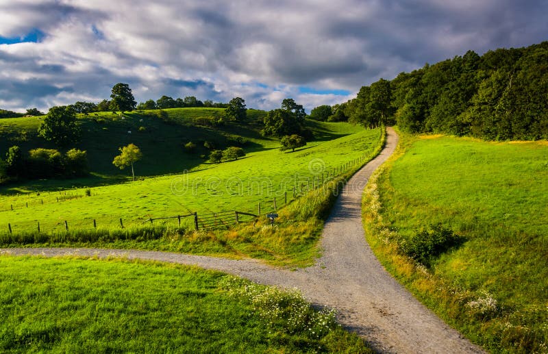 View of trail and fields from the Blue Ridge Parkway at Moses H. Cone Memorial Park, North Carolina. View of trail and fields from the Blue Ridge Parkway at Moses H. Cone Memorial Park, North Carolina