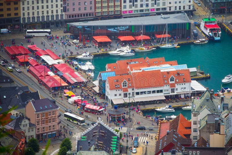 Bergen, Norway cityscape with downtown and fish market aerial view. Bergen, Norway cityscape with downtown and fish market aerial view